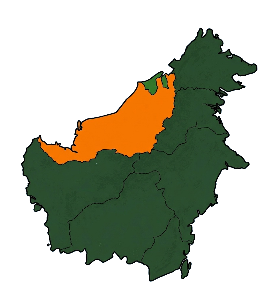 Map of Borneo island highlighting Sarawak in orange